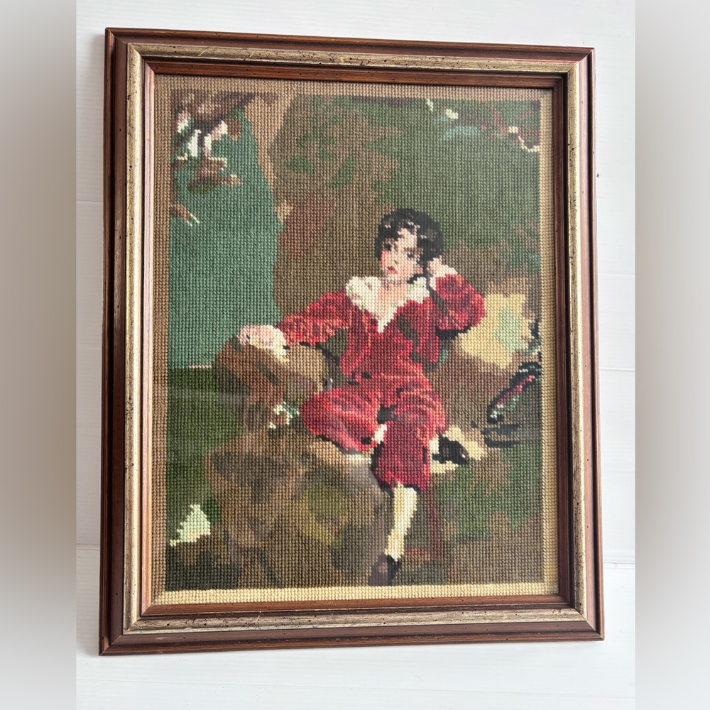 Vintage Framed Needlepoint Victorian Child Scene Wall Art